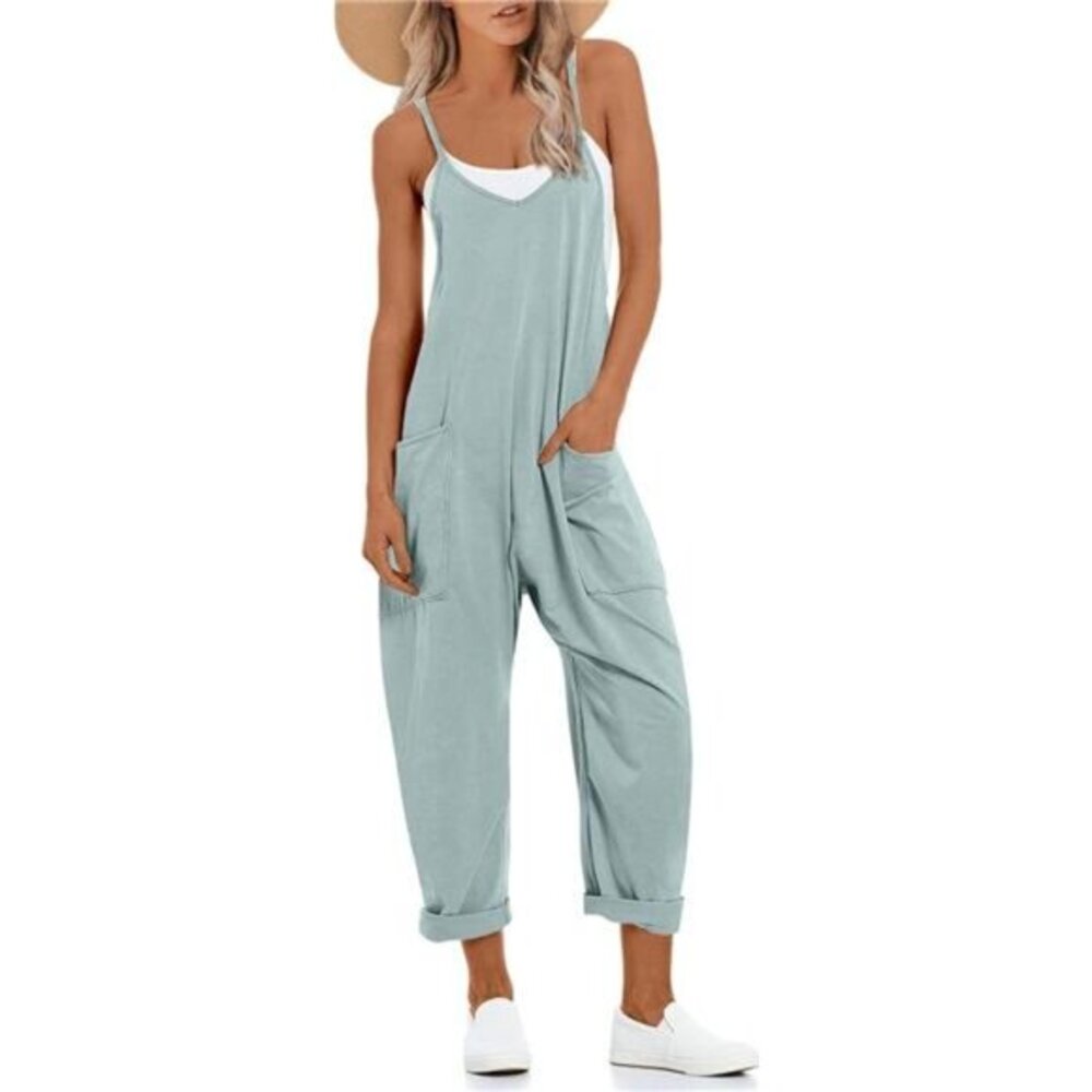 Women’s V-Neck Sleeveless Jumpsuit‎ - Loose Fit Harem Pants with Pockets, Grey